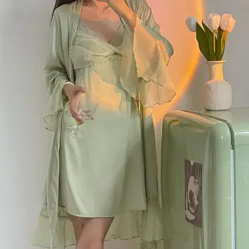 Женски Twinset роба комплект френски съд стил спално облекло нощница секси пачуърк дантела халат рокля нощница хлабав сатен домашно облекло
