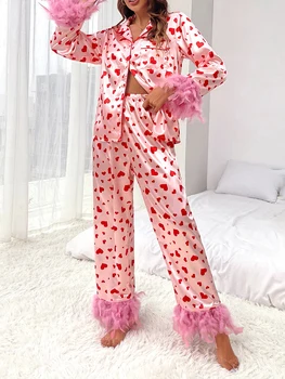 Дамски сатенена пижама комплекти перо подстригване дълъг ръкав бутон надолу риза и панталони 2 парче спално облекло шезлонги