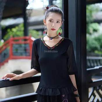 2023 лято нов китайски етнически стил v-образно деколте бродирани модален шифон окото половин ръкав елегантна тениска жени китайски топ s571