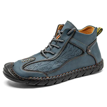 Нов дизайн Ръчно изработени кожени ботуши Мъжки ежедневни обувки Дишаща работна обувка Ретро мека кожа Глезен Мъжки ботуши Есенни Hombres Botas
