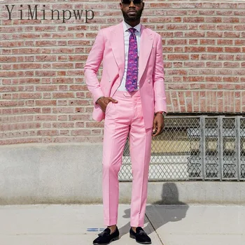 Розови абитуриентски костюми за мъже Върхов ревер Двуреден блейзър яке Мъже Tuxedos младоженец износване Trajes De Hombre 2 парче палто панталон
