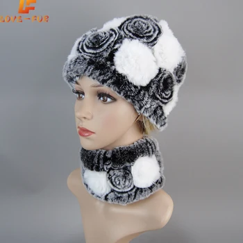 2024 Нови флорални момичета Real Rex заек кожени шалове шапки комплекти жени зимни топли истинска кожа шал шапка комплект дама естествена кожа муфел капачка