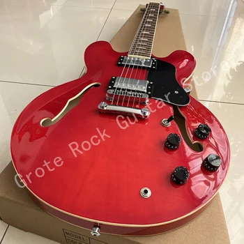Класическа джаз електрическа китара, ярко червен цвят, безплатна доставка от врата до врата.