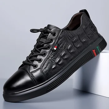 Естествена естествена кожа Мъжки бизнес маратонки Дизайнерски ежедневни обувки за мъжки обувки Черни бели спортни обувки Скейтборд обувки