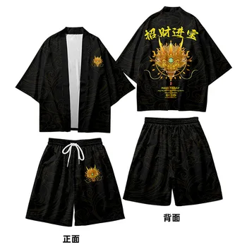 Dragon Print Yukata Harajuku Кимоно шорти комплекти две части костюм японски жилетка мъже косплей азиатски традиционен
