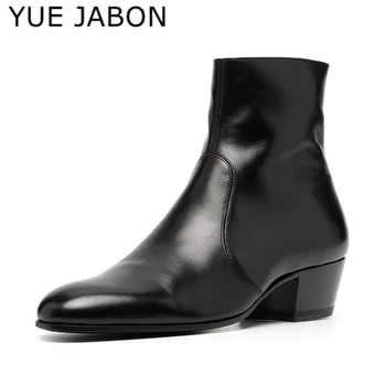 Нов черен Челси къси ботуши за мъже естествена кожа глезена точка пръсти бизнес цип ботуши мъже с 5 см петата висок връх обувки