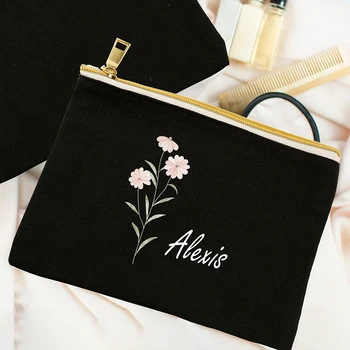 Персонализиран акварелен печат на цветя с име Грим чанти Платно козметика чанта пътуване тоалетни принадлежности организатор торбичка съединител молив чанта