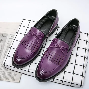 Нови мокасини мъжки обувки PU пискюл лък декорация нисък ток бизнес банкет обувки удобни класически мъжки обувки големи размери 38-48