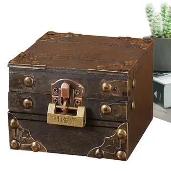 Ретро кутия за съкровища Ретро дървена кутия за съхранение със заключване Реколта бижута съкровище кутия малка кутия за съхранение за дома деца подарък работен плот