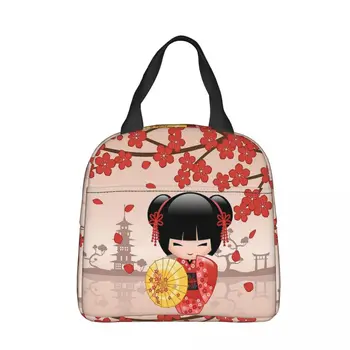 Японска червена кукла Сакура Кокеши Изолирани чанти за обяд Голям контейнер за храна Термо чанта Голяма пазарска чанта за обяд Чанти за храна на открито