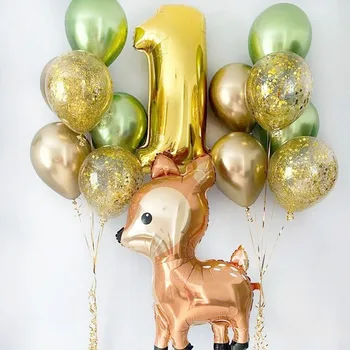 15pcs Златно число Сика елен животински фолио балони Декорации за рожден ден Деца момиче момче 1 2 3 4 5 6 7 8 9-годишни Консумативи