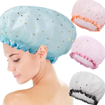 Дебели шапки за душ Сладък звезден модел за къпане Еластични шапки Двуслойни жени Шапка за защита на косата Продукти за баня за многократна употреба