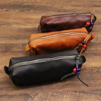 Нов горен слой телешка растителна дъбена кожена писалка чанта с голям капацитет за съхранение чанта за мъже и жени универсални очила чанта