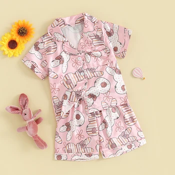Малко дете бебе момиче Великден пижама зайче печат бутон надолу риза и пижами шорти коприна PJs комплекти сладък летни дрехи
