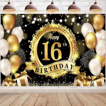 Честит 16-ти рожден ден фон банер черно злато фотография фон 16 години Парти декорации Консумативи за закрито на открито