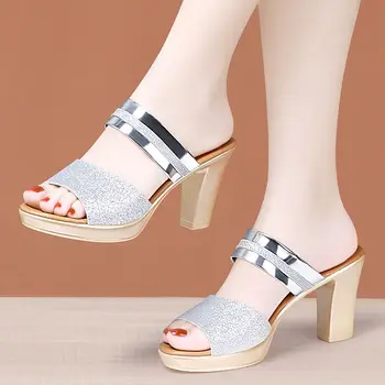 Малък размер 32-43 Златни сребърни сватбени обувки Летни дамски платформени чехли 2023 Блок високи токчета слайдове офис модел