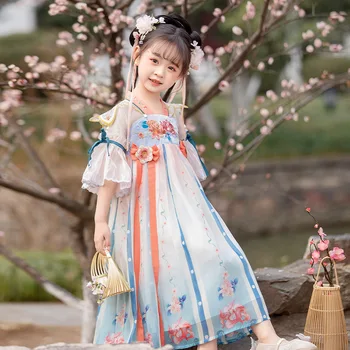 Древен костюм китайски стил флорални бродерия рокля фея облекло деца ханфу момичета мода удобни рокли