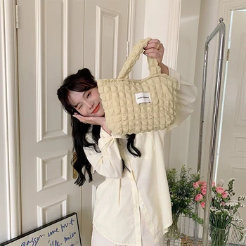 корейска версия Ins стил мода балон ръка голяма пазарска чанта голям капацитет чанта жени плат носене чанта за ежедневно пътуване