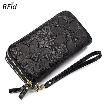 Двуслойни дамски портфейли с цип Дълги чанти от естествена кожа за дами Елегантно цвете релефно телешка чанта RFID против кражба