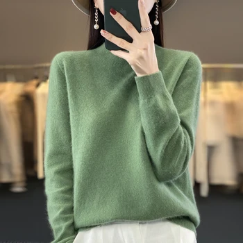 23Есен зима нов кашмир пуловер жените половин високо врата пуловер дълъг ръкав твърди 100% чиста вълна трикотажни мода случайни отгоре