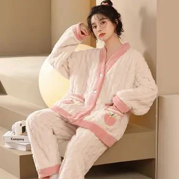 праскова печат спално облекло жени пижами комплект зимно руно кадифе 2 парче панталон домашен костюм сън пухкави корейски пижами топло нощно облекло