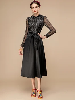 LD LINDA DELLA Нова 2023 модна модна лятна рокля Дамски дълъг ръкав дантела пачуърк колан висока талия черна Midi рокля