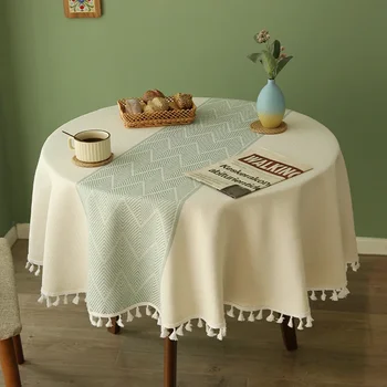Прост памук, лен, прост и елегантен домакински малък кръгъл покривка за маса за хранене, нощно шкафче, кърпа за маса за чай