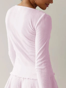 Пижами Лаундж комплект за жени Копчета за отвори U-образно деколте дълъг ръкав жилетка върховете и панталони 2 парче Loungewear екипировки