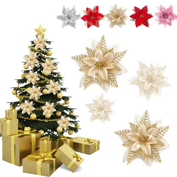 8 бр. Коледен блясък изкуствени цветя червено злато коледно дърво орнаменти цветни глави за дома Нова година Navidad парти декор