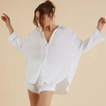 Loose Дамско нощно облекло Памук V врата пижами 2 броя комплекти женски ежедневни костюми шорти твърди спално облекло пижама риза шезлонги