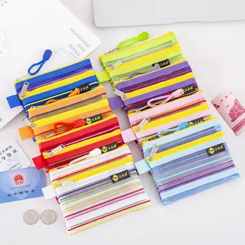 Stripe Clear Mesh Coin Purse Rainbow Double Layer Hollow Mesh Makeup Bag Patchwork Simple Mini Transparent Storage Bag Children