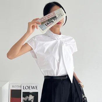 ризи жени корейски шик лято френски минимализъм нагънат тънък усукан отгоре универсален къс ръкав риза женски елегантен отдих