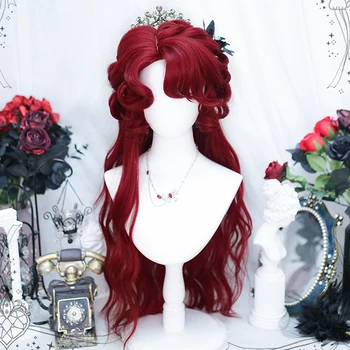 Синтетична дълга вълнообразна къдрава червена ретро момиче косплей Лолита топлоустойчива перука