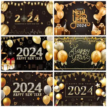 2024 Честита Нова Година Фон Черно Злато Нова Година Фон за фотография 2024 Балони Фойерверки Шампанско Парти Фотография