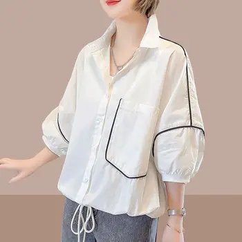 Дамска риза Лятна мода Блузи с къс ръкав Модерен корейски стил хлабав случайни всички мач бутер ръкав ризи Жена Топ 2023