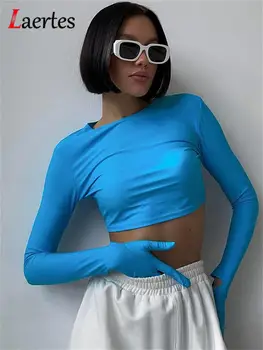 Laertes Goth Fashion Casual O Neck Solid Crop Top Дълъг ръкав с ръкавица 2023 Лятна секси дамска тениска Skinny Festival Clubwear