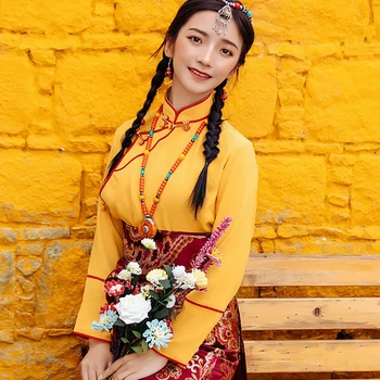 Подобрено жълто тибетско облекло дамска риза с дълъг ръкав бяла черна подплата