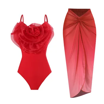 Дамски бикини 2024 Женски ретро 3D цвете едно парче бански с пола покривала секси монокини боди бански костюм плаж износване
