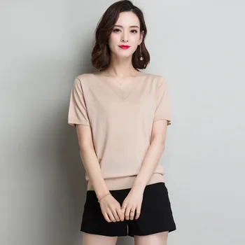 Къс ръкав плетена тениска Дамски летни хлабав v-образно деколте плътен цвят топ дрехи женска мода случайни корейски тениски H9258