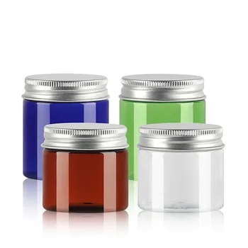 Cream Jar Празен козметичен контейнер за многократна употреба 50G 80G Прозрачен зелен кехлибарено син пластмасов съд с алуминиев капак Крем буркани за лице