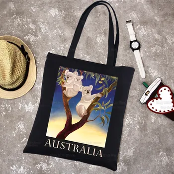 Koala Be My Eucalyptus Tree Black Canvas Simple Cartoon Cute Animal Shopping Bags Girls Fashion Life Casual Pacakge Hand Bag