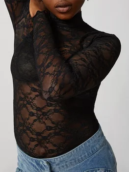 Жените отвесни мрежести върхове дълги ръкави поло дантела тънък годни виждам през тениски пуловер блуза клубно облекло естетически дрехи