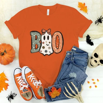 (Premium тениска)Хелоуин Boo печат тениска фенове лято случайни къс ръкав Tee сладък хлабав T ризи