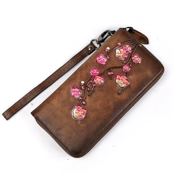 релефни женски цип чанта съединител китката чанти карти клип слива цвете ретро пари удобен чанта естествена кожа жени дълъг портфейл
