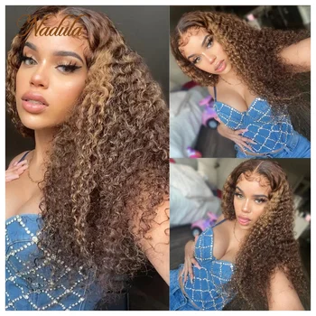Nadula Hair Kinky Curly 7x5 Pre Cut Lace Bye Bye Knots Wig Glueless Deep Part Lace Closure Wig Ombre Highlight Piano Brown Wig