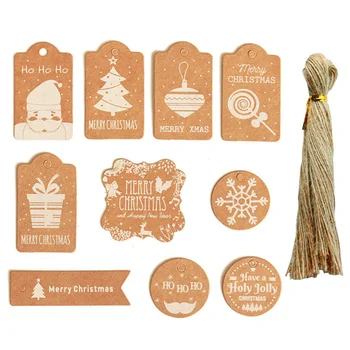 50Pcs Коледа Крафт хартия Tag Card с въже Коледно дърво висящи етикет Снежинка Дядо Коледа Подаръчна кутия Tag Етикети Парти консумативи Навидад
