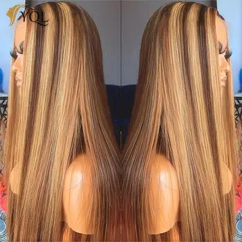 Highlight 13X4 дантела фронтални перуки човешка коса цветни прави прозрачна дантела предна перука за жени мед блондинка човешка коса перуки
