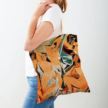 Реколта художник Пабло Пикасо класическо изкуство рамо купувач чанта жени пазарски чанти двоен печат случайни дама платно голяма пазарска чанти