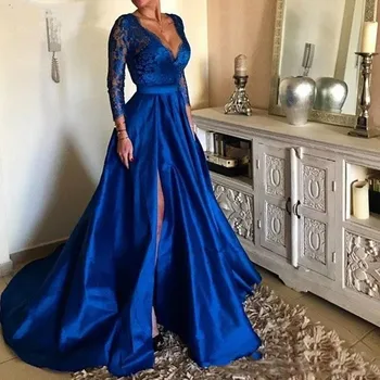 Флора рокля Royal Blue сатен A-линия вечерна рокля V врата дантела дълги ръкави абитуриентски рокли страничен цепка Дубай официални парти рокли