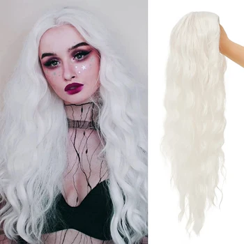 Long White Loose Wave Hair Синтетични дантелени перуки за модни жени Средна част Естествена вълнообразна коса Топлоустойчиви влакна Cosplay перуки